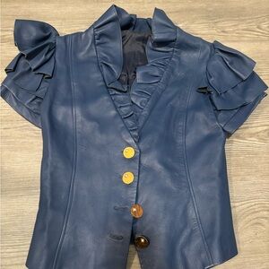 Women's Navy Blue Leather Ruffle Sleeve Custom Jacket